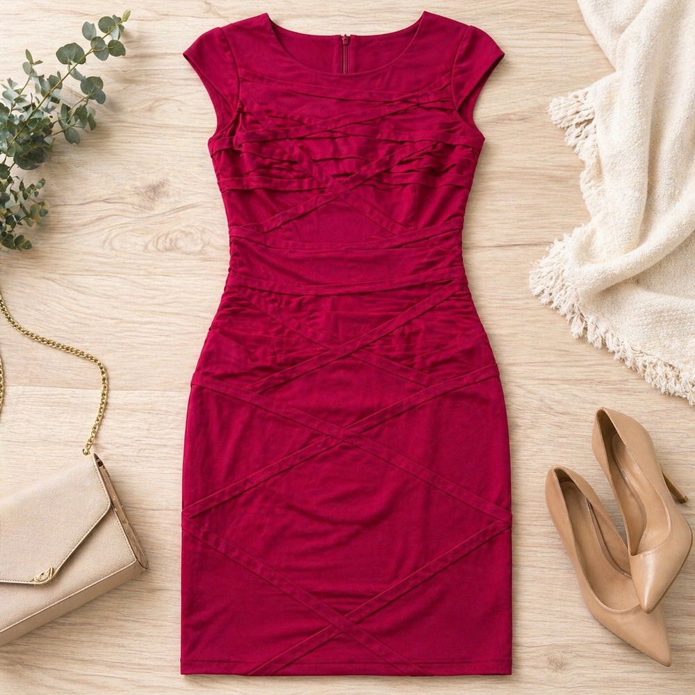 Adrianna Papell Red Bandage Sheath Dress Cap Sleeve Cocktail Size 12